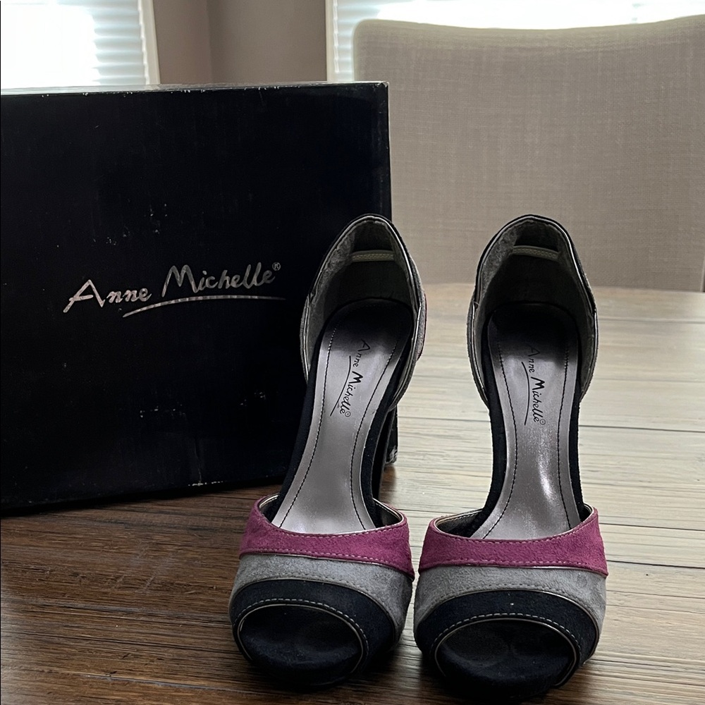 Anne Michelle Black Gray and Plum Open-Toe Heels